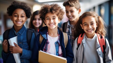 A variety of smiling, cheerful students pose in the classroom, holding notebooks and backpacks, happily looking at the camera.