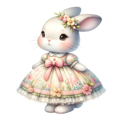 Obraz premium Admire the sweetness of Easter with this watercolor depiction of a bunny donning a charming vintage-style Easter dress, exuding timeless elegance.
