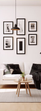 Black and white photo frames and a plant on a coffee table in front of a white sofa.