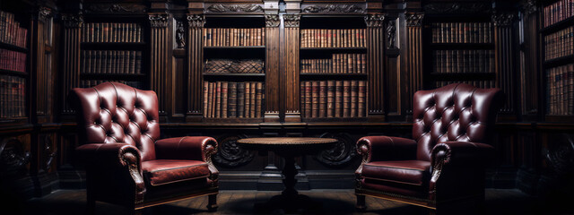 Two red leather chairs in a wood paneled library with a round table between them.