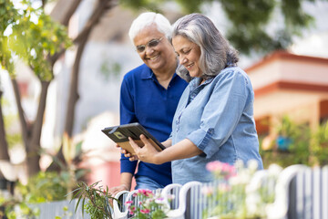 Senior couple using a digital tablet together in their backyard