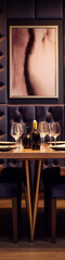 Elegant dinning table with wine and glasses in a fine restaurant. - obrazy, fototapety, plakaty