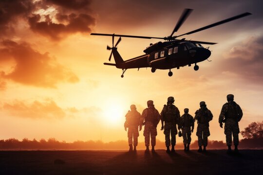 Helicopter and a number of soldiers on the background of sunset