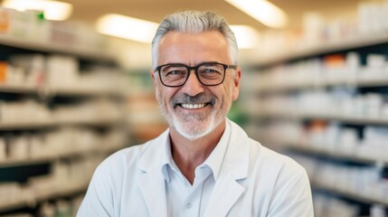 Happy pharmacist standing smiling in pharmacy