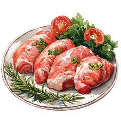 chicken breast arrangement on dish, type of meat, cute cartoon, full body, watercolor illustration.