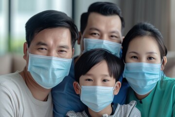 Healthy Asian family wearing surgical masks, quarantining together at home. - obrazy, fototapety, plakaty