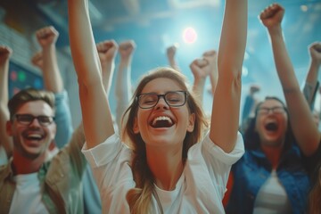 A team of colleagues celebrates a successful project completion rejoicing in their collective achievements