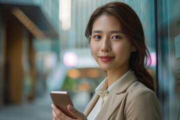 An elegant businesswoman holds a sleek smartphone managing her day to day operations with ease