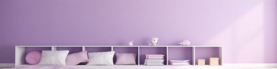 A purple wall with a white shelf with toys and pillows. - obrazy, fototapety, plakaty