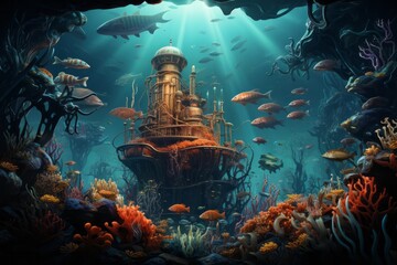 There is a castle underwater surrounded by electric blue fish