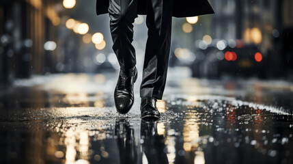 Street photo of the feet of a businessman walking down the road. Perfect dynamic action composition. Generative AI - obrazy, fototapety, plakaty