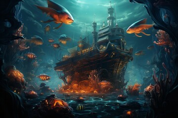a pirate ship is surrounded by fish and pumpkins in the ocean - obrazy, fototapety, plakaty
