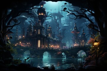a dark forest with a bridge over a river and a castle in the middle of it