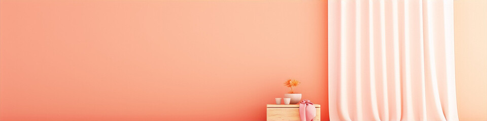 Peach wall and curtain with flower pot on wooden box