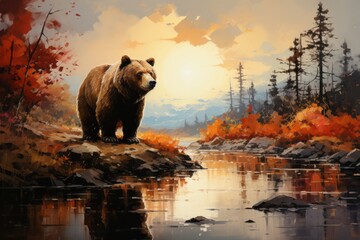A carnivore bear stands on a rock near water in a natural landscape painting - obrazy, fototapety, plakaty