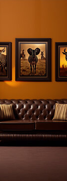 Three framed pictures of zebras in a room with an orange wall and brown leather couch.