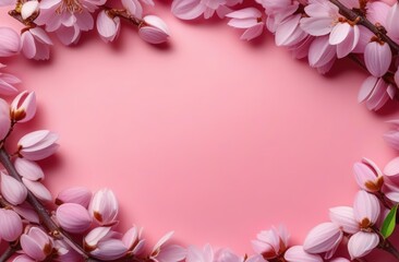 Fototapeta premium Banner spring flowers with free space, pastel pink colors, copy space