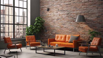 Mid-century modern furniture in a brick walled room with large windows.