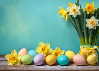 Easter background with colorful easter eggs and daffodils, postcard, banner
