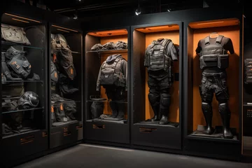 Foto op Canvas Military shop display featuring tactical vests and helmets. Generative AI © Nomad_Soul