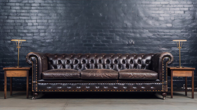 Vintage brown leather chesterfield sofa with two wooden side tables and brass lamps.