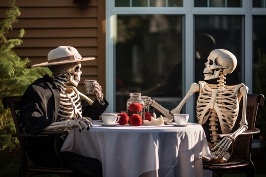Skeletons are talking in the backyard. Halloween exterior decoration