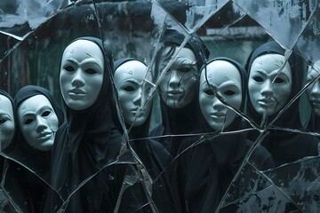 masked people standing in front of broken mirror creepy scary figures