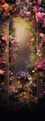 Mystical garden of flowers in full bloom with an archway leading to a bright light
