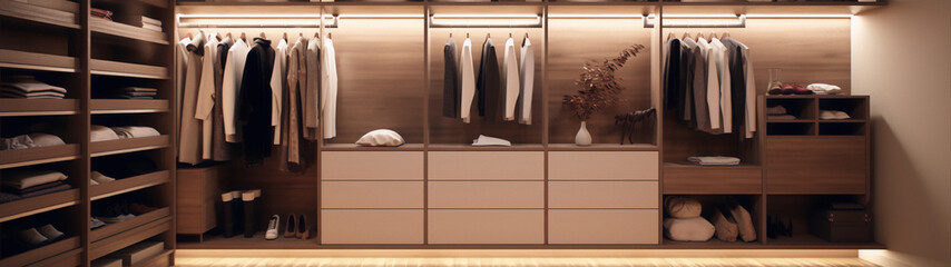 A wooden closet with clothes hanging on racks and folded on shelves, with a cream-colored island in the center.