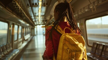 Young woman traveler with backpack traveling by train.Solo traveler.