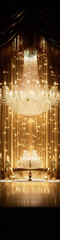 Elegant dinning table set with crystal chandelier and golden curtain backdrop.
