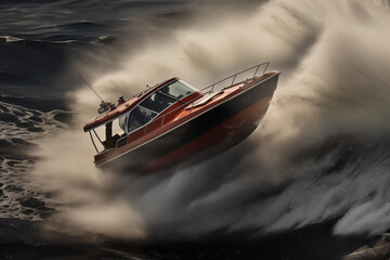 Motorboat racing across choppy waves. Generative AI - obrazy, fototapety, plakaty