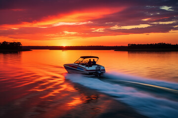 Fast motorboat towing water skier in romantic vibrant sunset. Generative AI