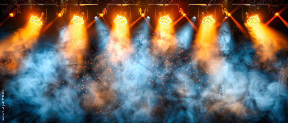 Poster awaiting the performance: an empty stage set against a backdrop of velvet curtains, illuminated by t