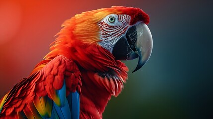 Vibrant Scarlet Macaw Parrot, Close-Up Portrait with Vivid Red, Blue, and Yellow Feathers Against a Colorful Background