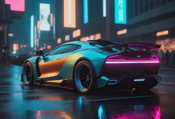 Tuned Sport Car , cyberpunk Retro Sports Car On Neon Highway. Powerful acceleration of a supercar on a night track with colorful lights and trails - obrazy, fototapety, plakaty