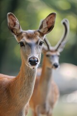 Fototapeta premium A majestic doe stands tall, her snout and antlers in clear view, as a curious fawn watches in awe, in the midst of a serene wildlife setting with roe deer and whitetailed deer roaming freely