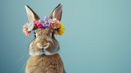 Easter bunny with a meadow flower crown on a blue background with copy space