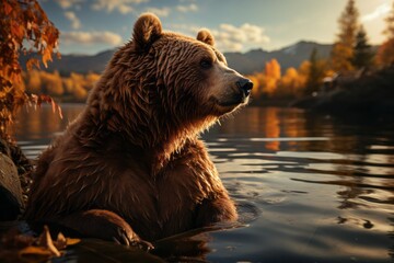 A brown bear relaxes in the water by a tree in its natural landscape