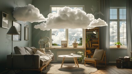 Fototapeta premium Cloud in the living room. The interior is in a modern style with a real fluffy cloud inside. Light and airy lifestyle. 
