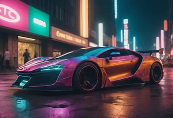 Tuned Sport Car , cyberpunk Retro Sports Car On Neon Highway. Powerful acceleration of a supercar...