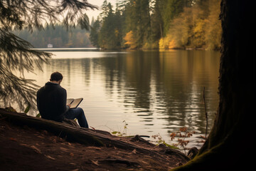 Relaxed young man resting enjoying reading book by tranquil riverbank. Generative AI