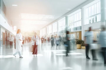 Fotobehang Health Check. abstract motion blur image of people crowd walking at hospital office building in city downtown, blurred background, business center, health care, medical technology concept © Pravit