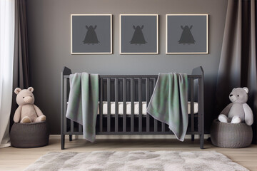 Minimalist nursery with dark walls, grey crib and cute teddy bears in baskets.