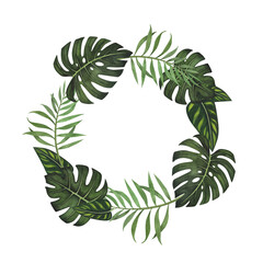 Wreath frame tropic leaf Monstera and palm watercolor isolated on white background. Watercolor hand drawn botanical illustration. Art design for packaging, template, poster