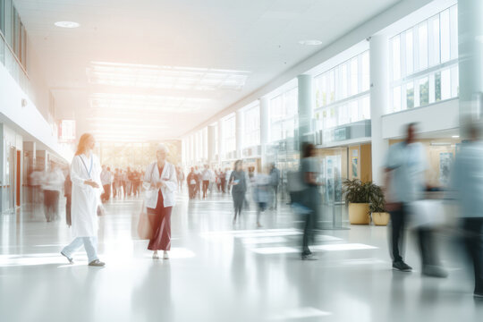 Health Check. abstract motion blur image of people crowd walking at hospital office building in city downtown, blurred background, business center, health care, medical technology concept