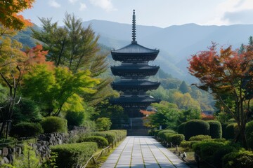Fototapeta premium A tranquil autumn scene, where a majestic pagoda sits nestled among the trees and mountains, inviting travelers to immerse themselves in the beauty of chinese and japanese architecture