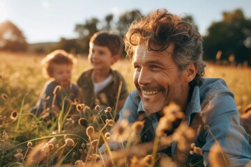 Under the endless sky, a man's warm smile brightens the faces of two young boys as they lie in a golden field, surrounded by the vibrant colors of nature in the transition from summer to fall