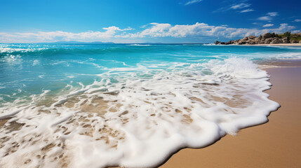Photo of a beautiful beach with white sand and turquoise sea waves on a sandy beach. Tropical background. Generative AI