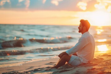 A solitary figure in casual clothing watches the changing colors of the sky and water as the sun sets over the peaceful ocean, grounded by the sandy beach beneath him and surrounded by the beauty of  - Powered by Adobe